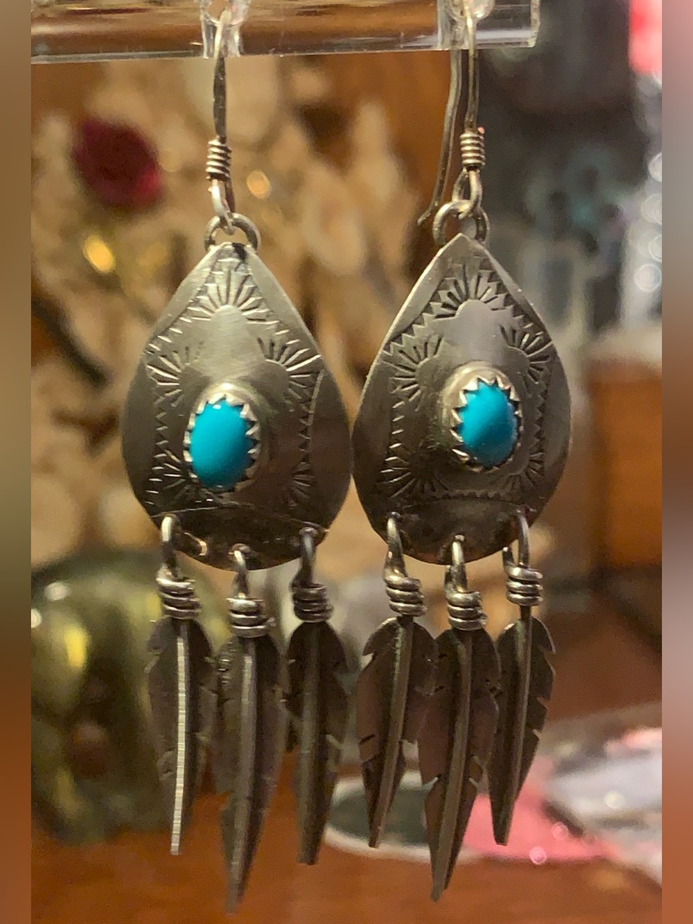 Vintage Native American Turquoise Feather Earrings